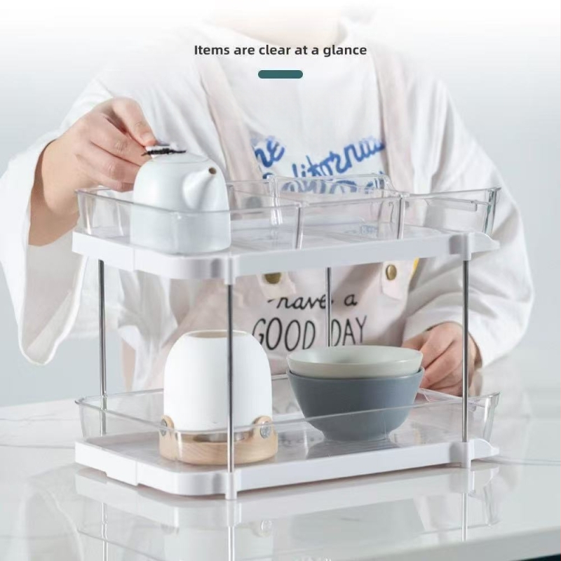 Stojan na poháre na stole s dvojposchodovým systémom, priehľadný, plastový, model JN-501, kód produktu JN-50, viacúčelový, moderný minimalistický štýl