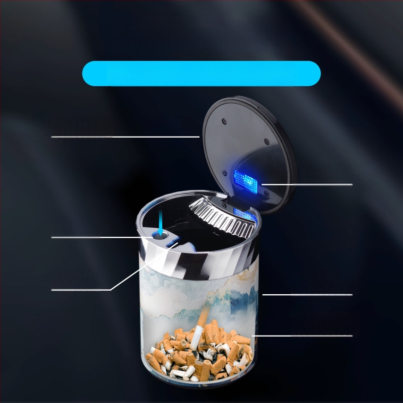 FOGSON automobilová popolník s viečkom a LED, kovový, prenosný, viacfunkčný, skladovanie