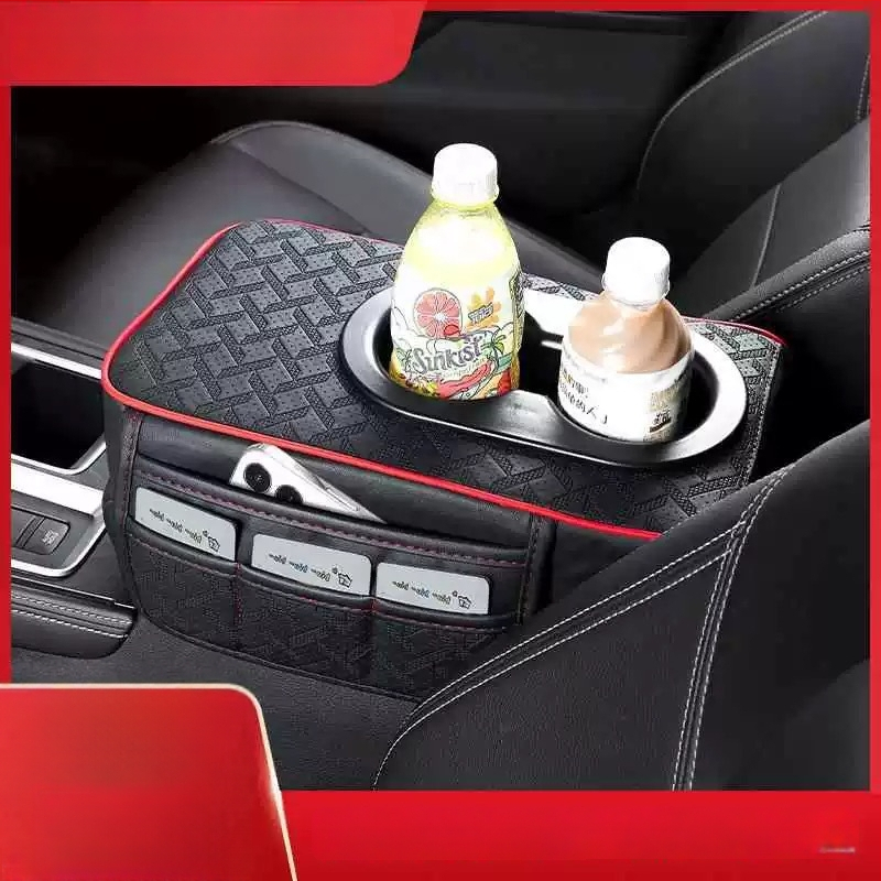 Ādas universālais automašīnas elkoņa balsts ar pudeles turētāju un uzglabāšanas somu, palielināts elkoņa atbalsts, modelis 03, svars 350 g, preces kods R2502