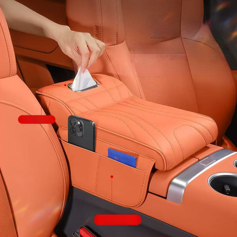 Automobiļa elkoņa atbalsts ar paceltu spilvenu — 3-1: salvetes kaste, aizsargājošs vāciņš un uzglabāšanas soma • āda • universāla saderība • 400 g • Zhejiang