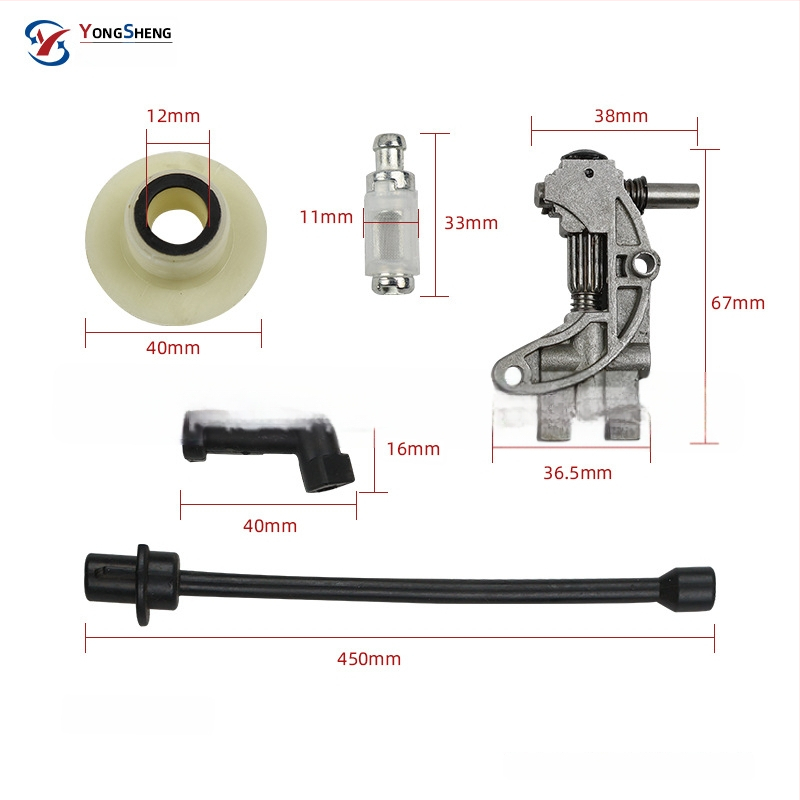 Sada dielov pre reťazovú pílu: olejová pumpa, turbínový olejovod, palivový vodič — 7 kusov, model 450052005800