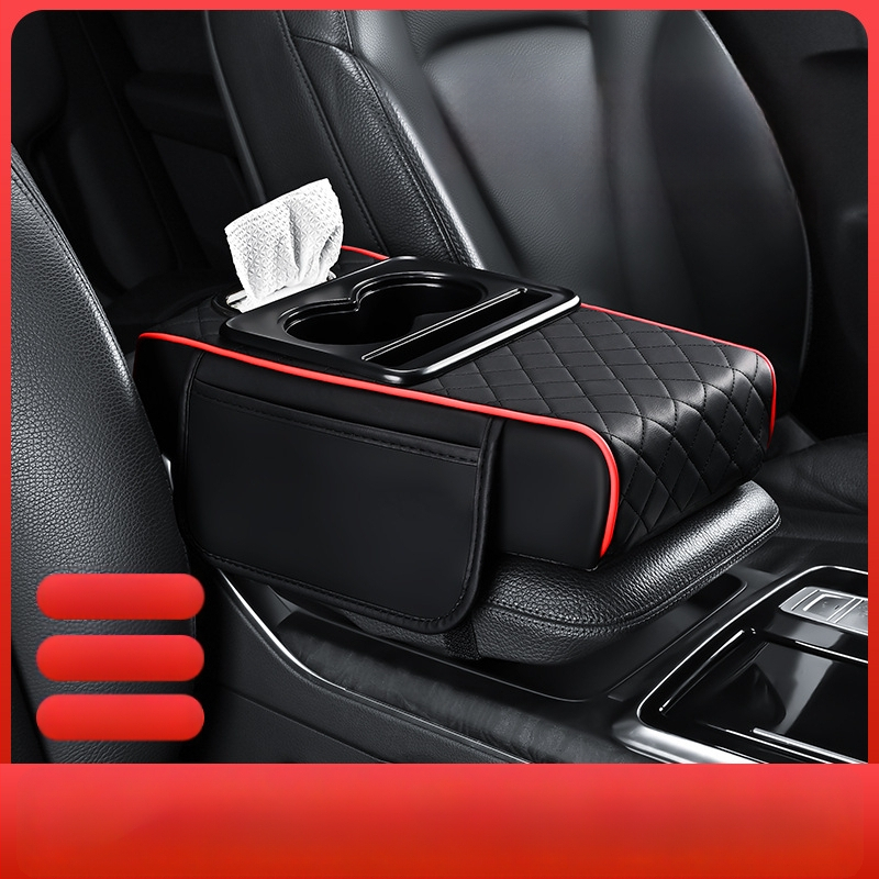 Universāla ādas auto roku balsts ar pacēlumu un četrām funkcijām: uzglabāšanas kabatiņa, salvetēm nodalījums, centrālais krūžu turētājs; svars 450 g