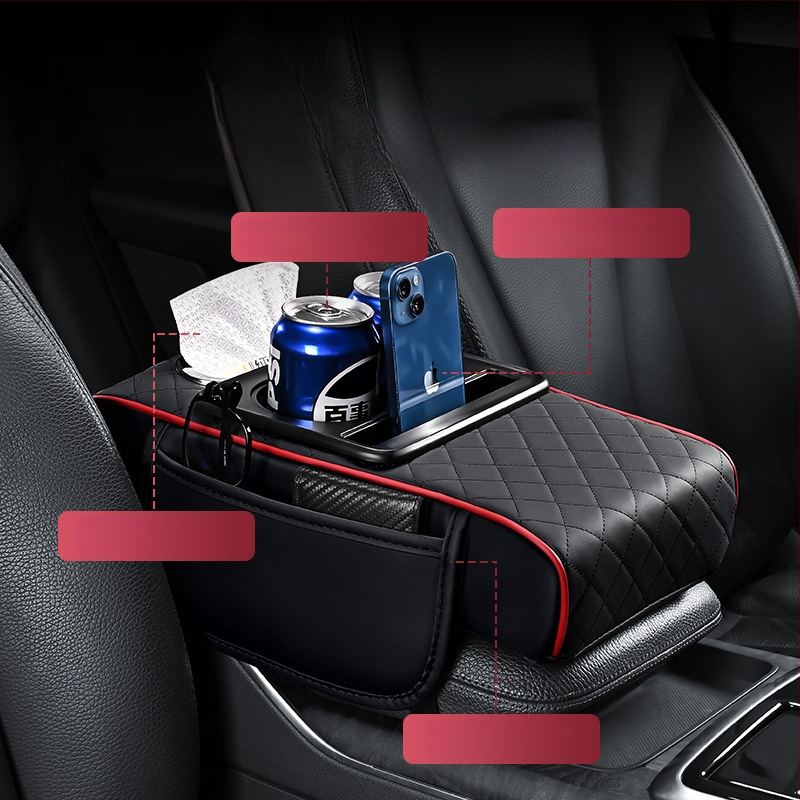 Universāla ādas auto roku balsts ar pacēlumu un četrām funkcijām: uzglabāšanas kabatiņa, salvetēm nodalījums, centrālais krūžu turētājs; svars 450 g