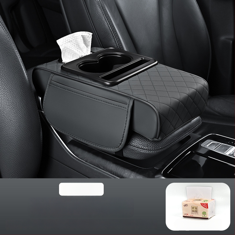 Universāla ādas auto roku balsts ar pacēlumu un četrām funkcijām: uzglabāšanas kabatiņa, salvetēm nodalījums, centrālais krūžu turētājs; svars 450 g