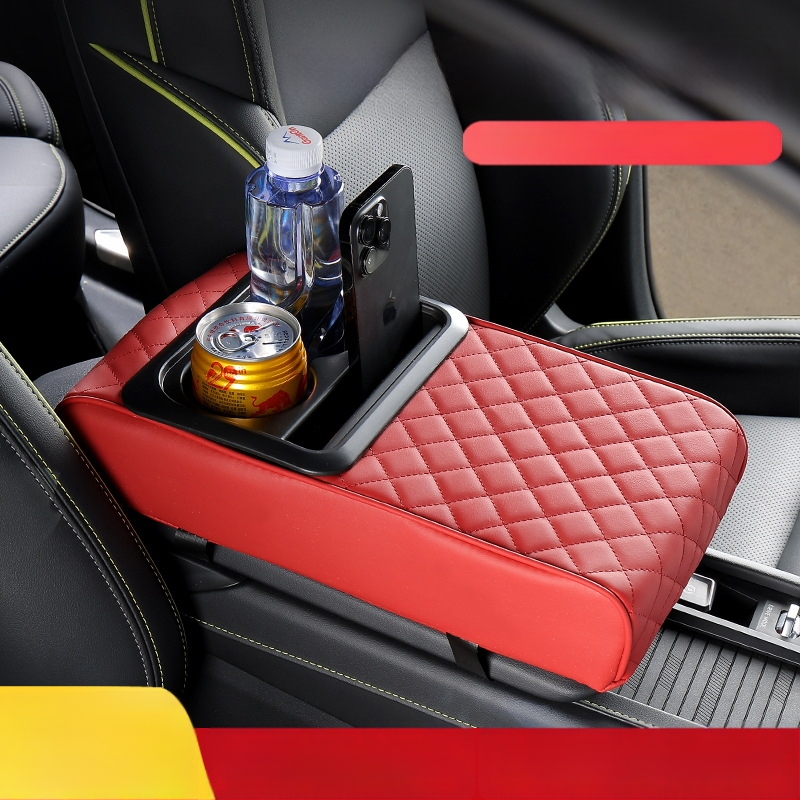 Ādas universālais auto rokasbalsts ar uzglabāšanas kastīti un krūzes turētāju — bez personalizācijas, autorizētas privātas zīmes