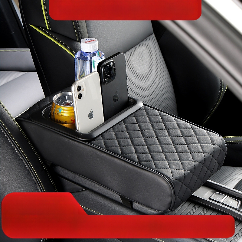 Ādas universālais auto rokasbalsts ar uzglabāšanas kastīti un krūzes turētāju — bez personalizācijas, autorizētas privātas zīmes