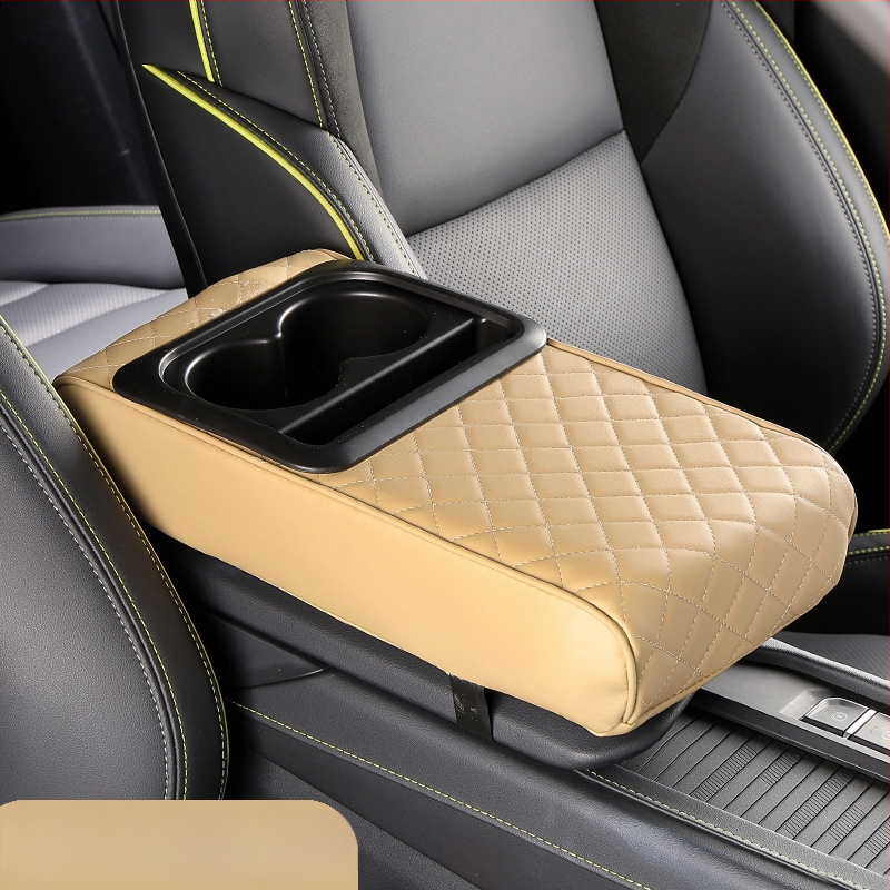 Ādas universālais auto rokasbalsts ar uzglabāšanas kastīti un krūzes turētāju — bez personalizācijas, autorizētas privātas zīmes