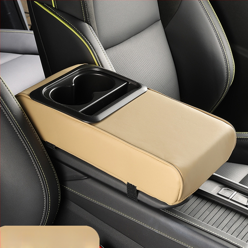 Ādas universālais auto rokasbalsts ar uzglabāšanas kastīti un krūzes turētāju — bez personalizācijas, autorizētas privātas zīmes