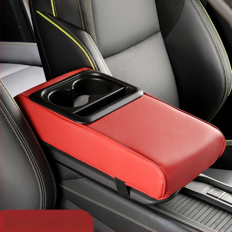 Ādas universālais auto rokasbalsts ar uzglabāšanas kastīti un krūzes turētāju — bez personalizācijas, autorizētas privātas zīmes