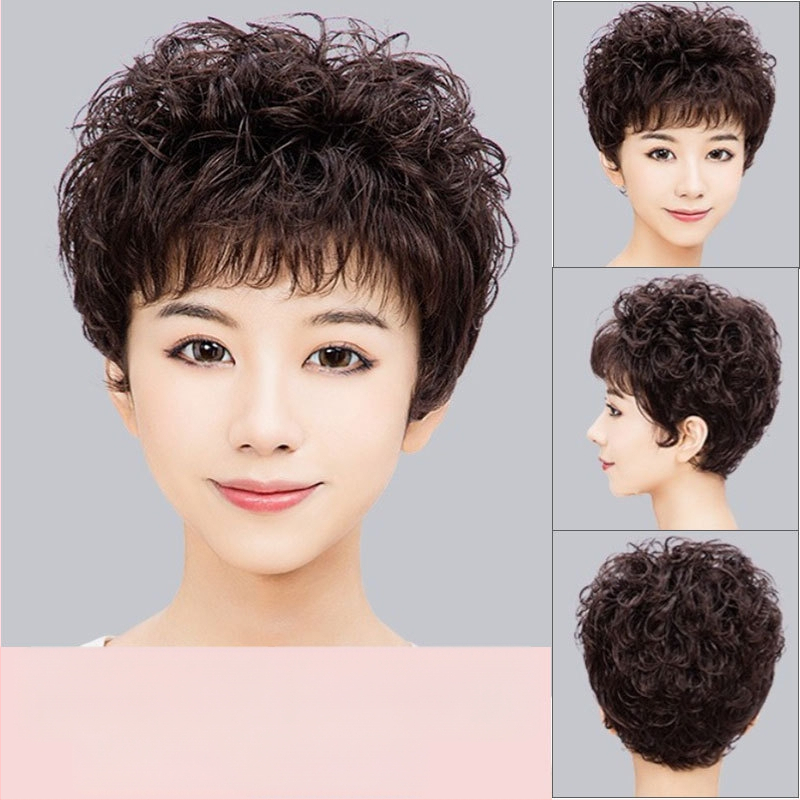 Parochňa z pravých ľudských vlasov pre ženy, úplné prekrytie hlavy, krátke kučeravé vlasy, model J03, farbiť sa dá