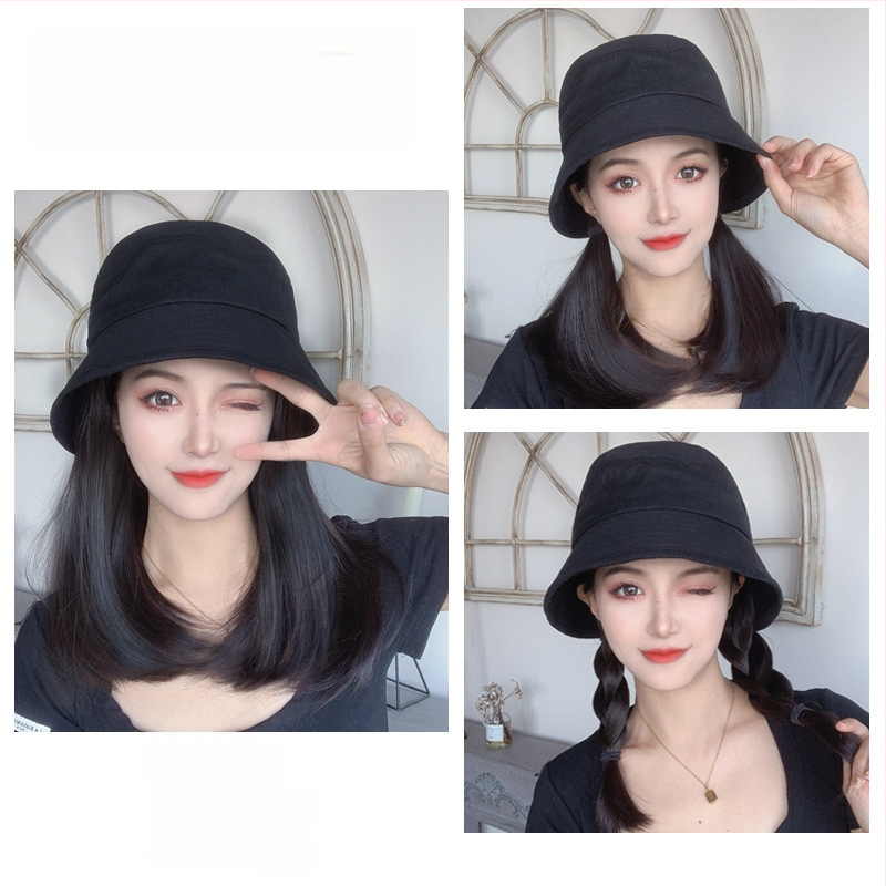 Parochňa s integrovanou rybárskou čiapkou – kórejský štýl, stredne dlhé vlasy po kľúčnu, vlákno odolné voči teplu, bez ofiny