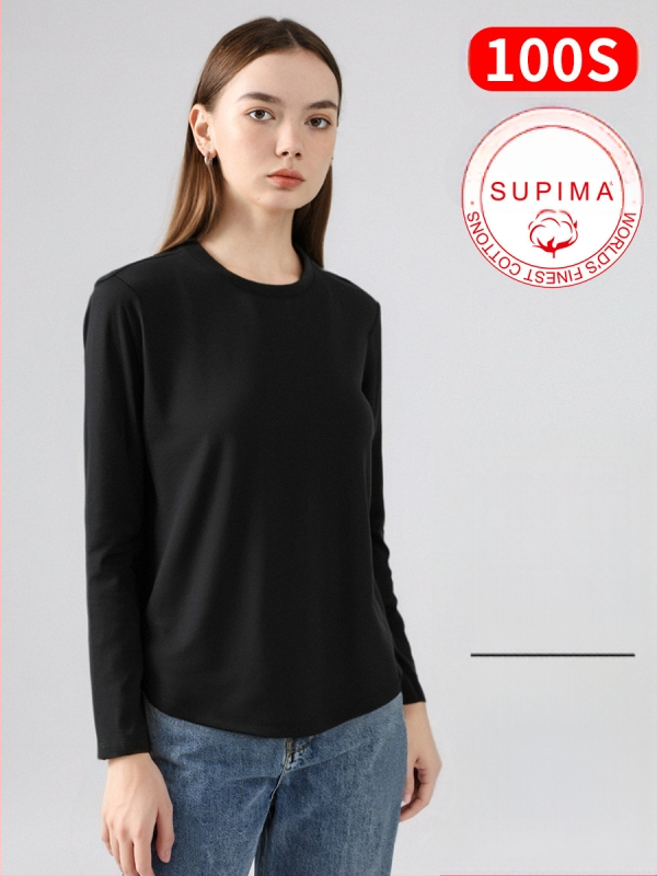 Amigo Lulu dámske tričko s dlhým rukávom z mercerizovanej bavlny–polyesteru, okrúhly výstrih, pulóver, voľný strih, štandardná dĺžka, logo vzor, jar 2025; bavlna 50–70%, polyester 30–50%