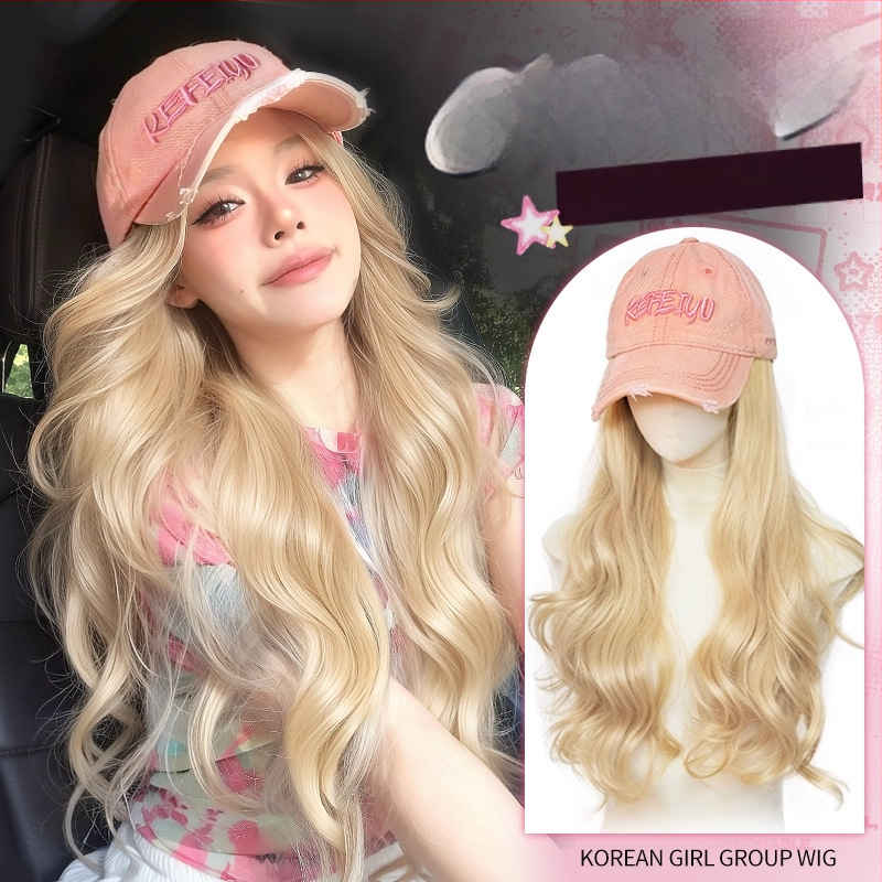 Parochňa s klobúkom – dlhé kučeravé vlasy, kórejský štýl, prirodzený vzhľad, nerozoberateľná celá hlava, teplovzdorný hodvábny materiál