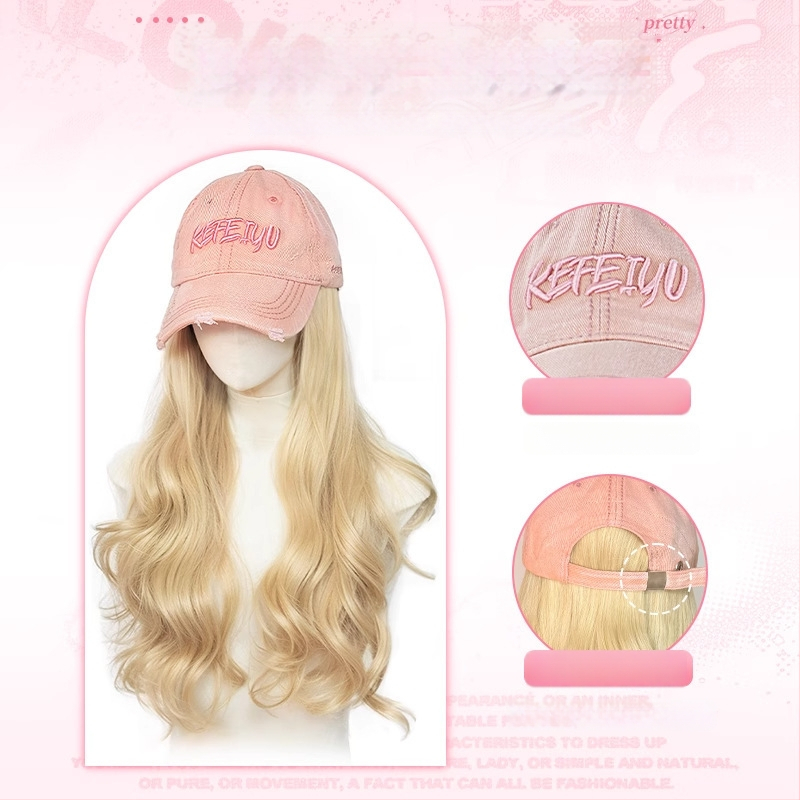 Parochňa s klobúkom – dlhé kučeravé vlasy, kórejský štýl, prirodzený vzhľad, nerozoberateľná celá hlava, teplovzdorný hodvábny materiál