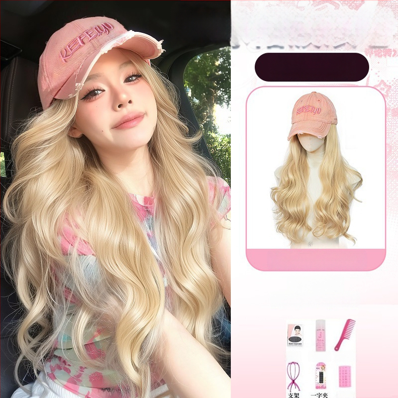 Parochňa s klobúkom – dlhé kučeravé vlasy, kórejský štýl, prirodzený vzhľad, nerozoberateľná celá hlava, teplovzdorný hodvábny materiál