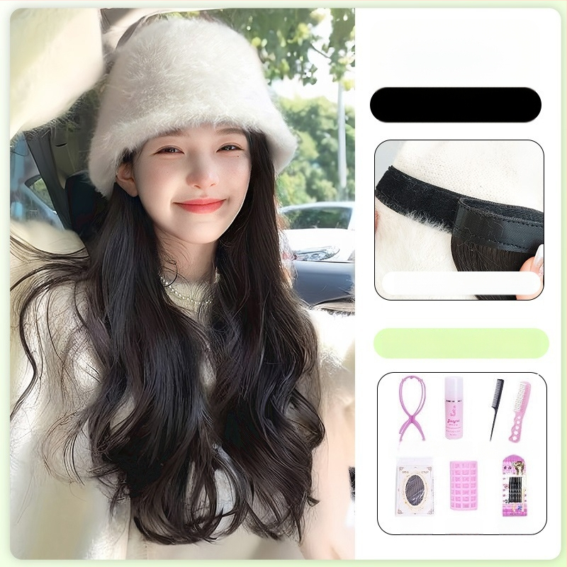 Paruka s klobúkom pre ženy, dlhé kučeravé vlasy, prirodzený vzhľad, dlhé vlasy, vysokoteplotný drôt, úplné prekrytie hlavy