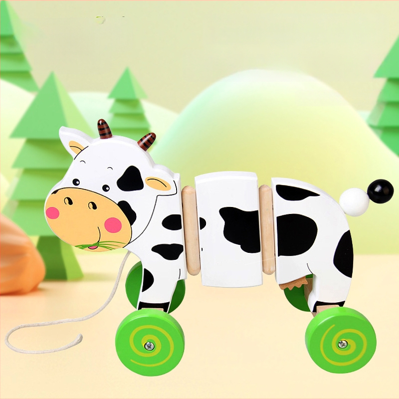 Medinis traukiamasis vežimėlis su pieno karve vaikams 4–6 metų — švietėjiška ankstyvojo ugdymo žaislas