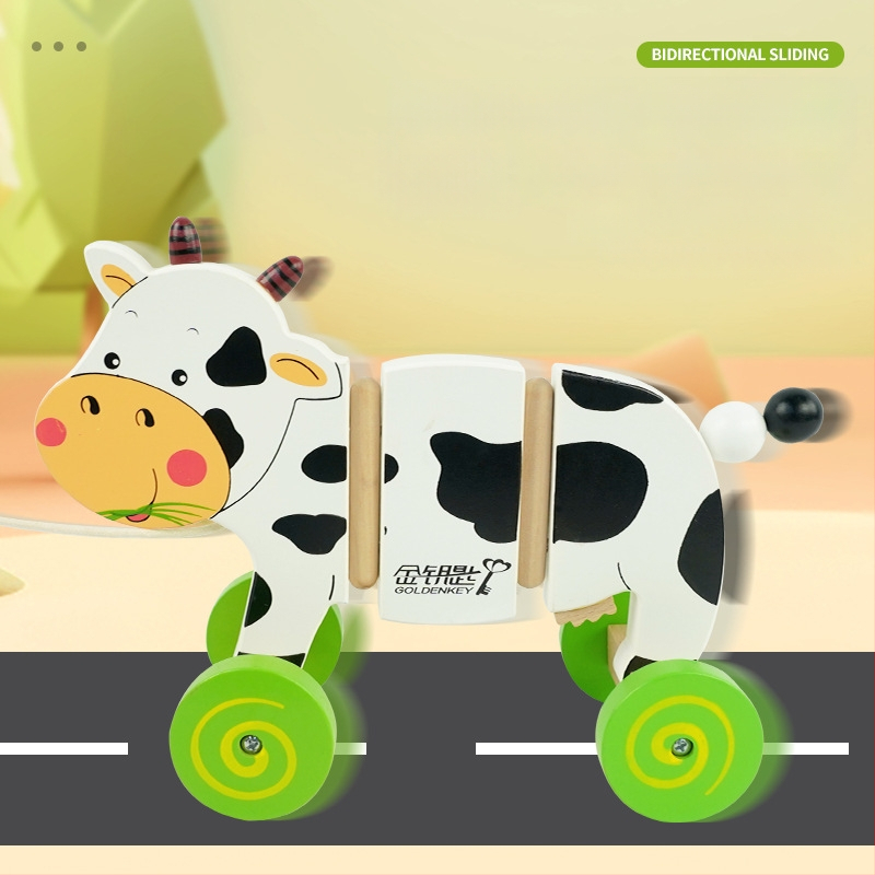 Medinis traukiamasis vežimėlis su pieno karve vaikams 4–6 metų — švietėjiška ankstyvojo ugdymo žaislas