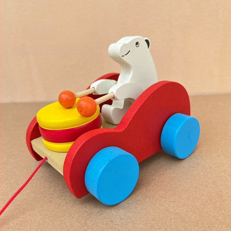 Medinė vilkanti meškiuko žaislas su būgnu – lavinamoji žaislas kūdikiams 0–3 metų