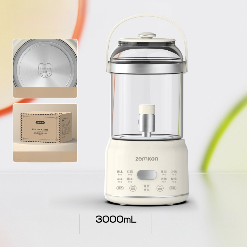 Zemkon Zdravý čajový hrniec s telesom z borosilikátového skla, 3 L, 800 W, 220 V, digitálny termostat, dotykové ovládanie, model RC-Z830D35
