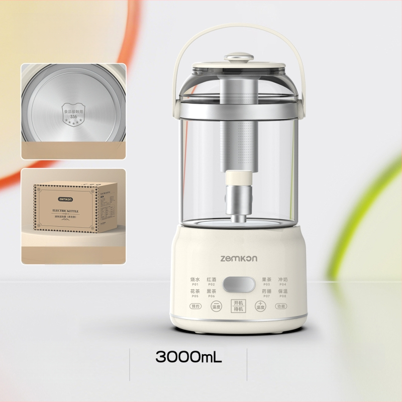 Zemkon Zdravý čajový hrniec s telesom z borosilikátového skla, 3 L, 800 W, 220 V, digitálny termostat, dotykové ovládanie, model RC-Z830D35