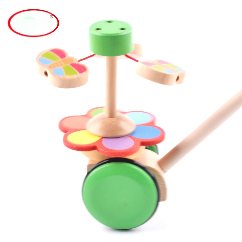 Drevená tlačná hračka pre dojčatá 0–2 rokov s motýľovou otáčajúcou sa tyčou, podporuje senzorický vývoj, vizuálny a kognitívny vývoj a koordináciu ruka–oko