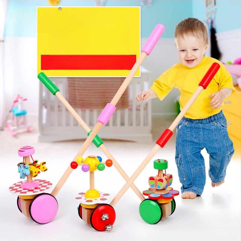 Drevená hračka na tlačenie pre batoľatá – Vzdelávacie zvieratá v karikatúrach, 0–3 roky