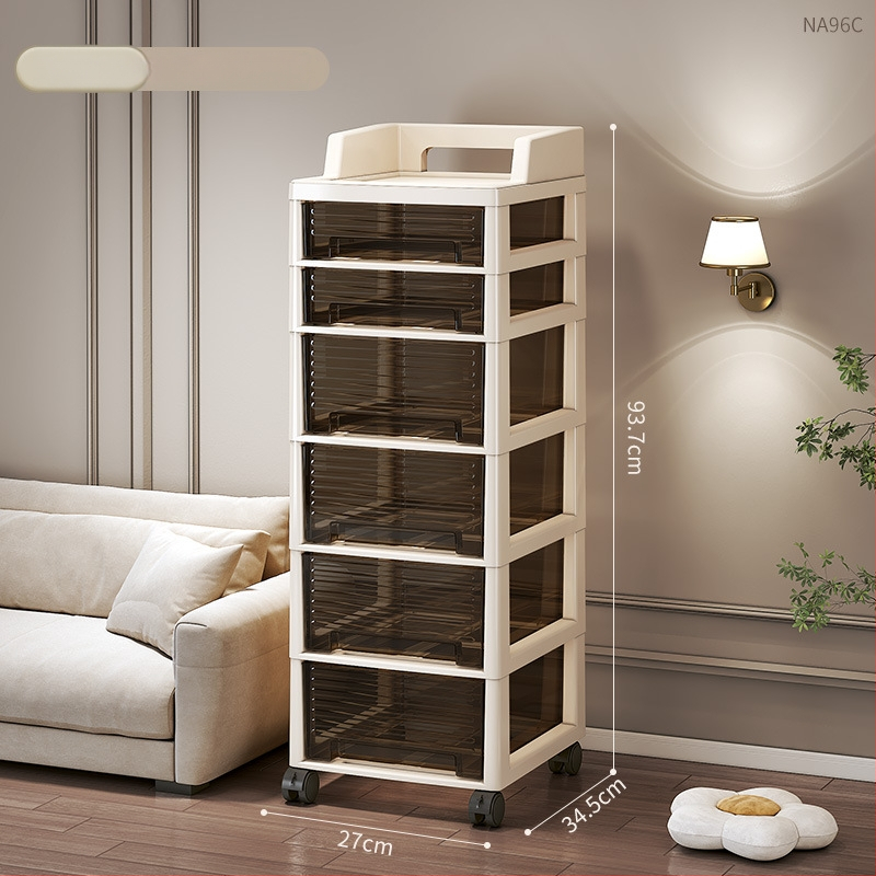 Šesťúrovňový úložný kabinet so zásuvkami, pohyblivý, stojaci na podlahe, plastový