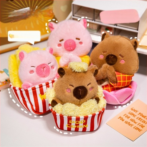 Kapibara plyšová hračka v štýle Budhu s popcornom a hranolkami — ultra jemný krátky plyš, výplň z peny, farebná škatuľka (vek 0–3 rokov)