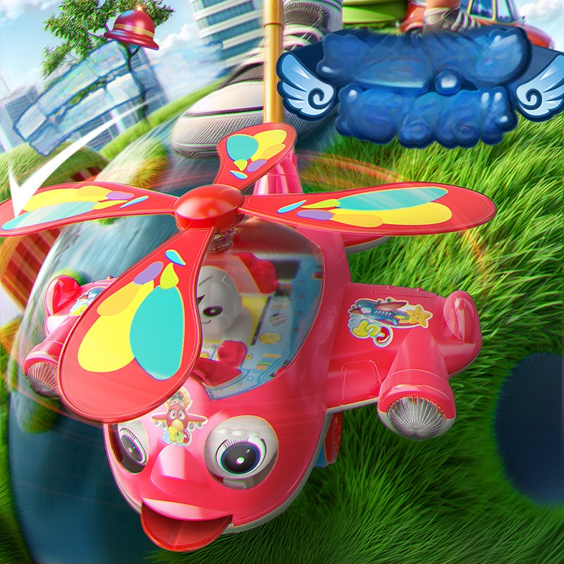 Vodička na tlačenie a učenie – motív lietadla, protišmyková rukoväť, zvonček, plast, pre deti 0–3 rokov, vonkajšie použitie