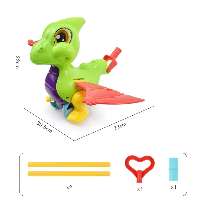 Detská ťahacia hračka s figúrkami zvierat (pterozaur, krab, chrobák, zajačik) — z plastu, s jednou tyčou, hudobný zvonček, hojdať sa a otáčať sa