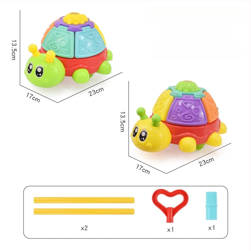 Detská ťahacia hračka s figúrkami zvierat (pterozaur, krab, chrobák, zajačik) — z plastu, s jednou tyčou, hudobný zvonček, hojdať sa a otáčať sa