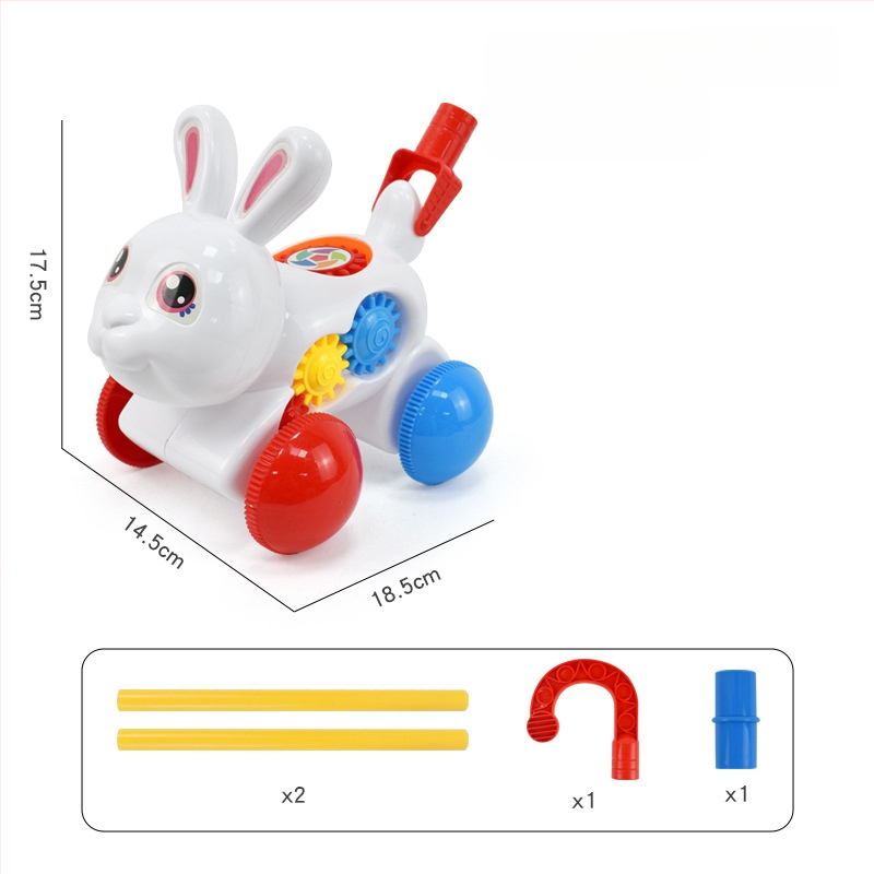 Detská ťahacia hračka s figúrkami zvierat (pterozaur, krab, chrobák, zajačik) — z plastu, s jednou tyčou, hudobný zvonček, hojdať sa a otáčať sa