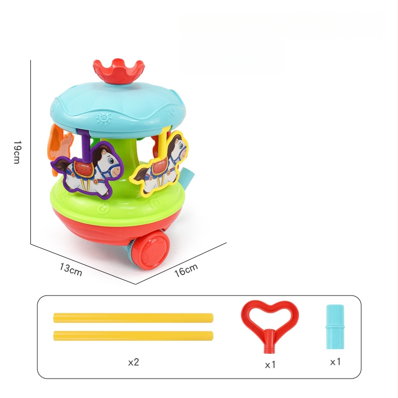 Detská ťahacia hračka s figúrkami zvierat (pterozaur, krab, chrobák, zajačik) — z plastu, s jednou tyčou, hudobný zvonček, hojdať sa a otáčať sa