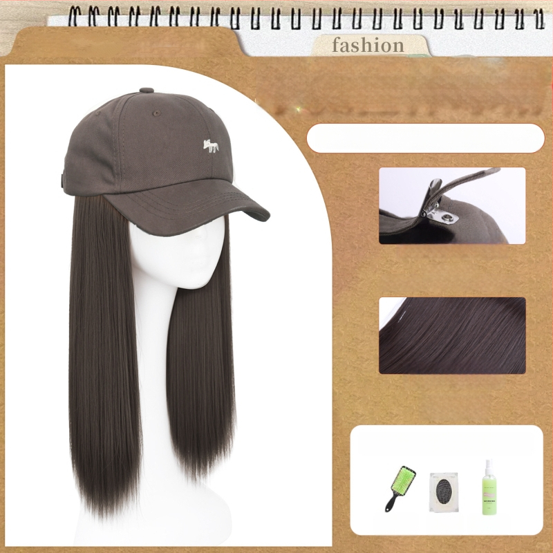 Parochňa pre ženy s integrovaným klobúkom, dlhé rovné vlasy — ofina rovná, vlasy z teplovzdorného syntetického vlákna, nie je možné farbiť