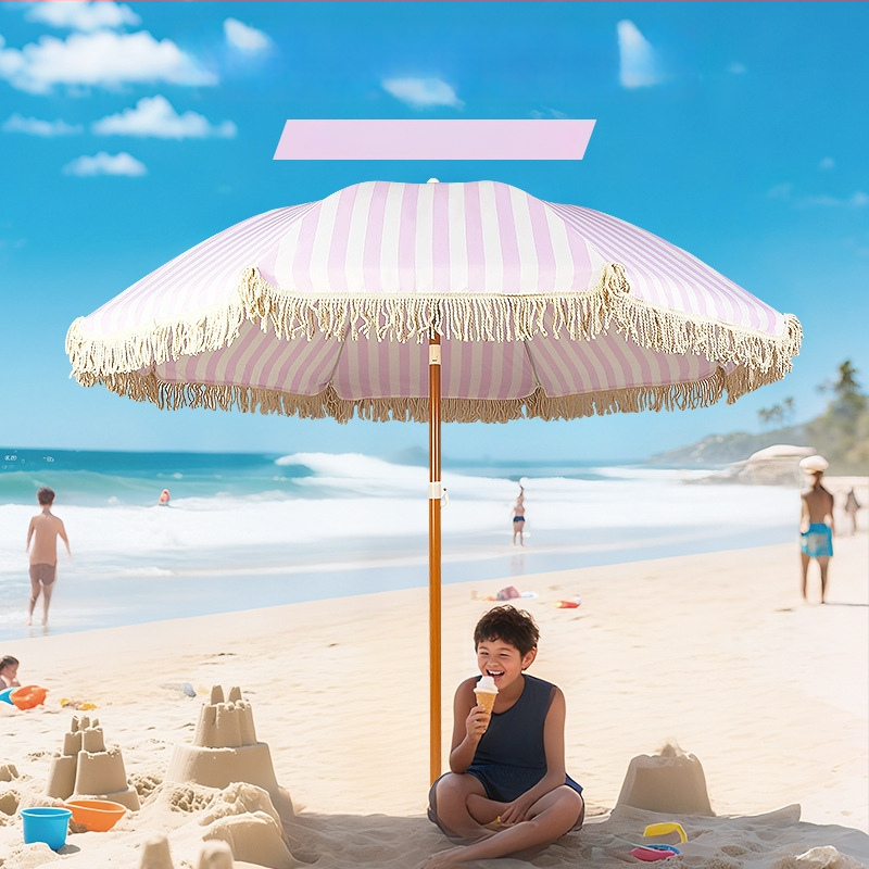 Plážový slnečník s 8 lúkami, železný rám a stĺp, 190T Impact Fabric, strapcami, ručné otvorenie a zatvorenie