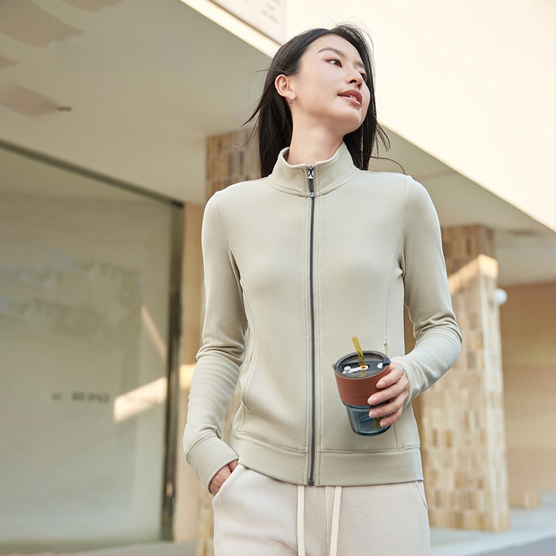 Dámska velúrová mikina so stojacim golierom a zipsom, Slim Fit, dlhé rukávy, japonsko-kórejský casual štýl, vlákno regenerovanej celulózy