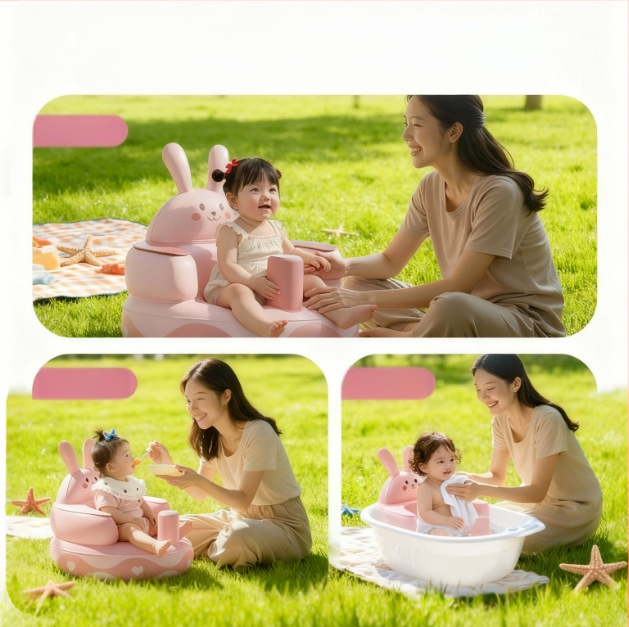 Detská nafukovacia učebná stolička - ekologický PVC, prenosná cvičebná stolička, model Pink Bunny