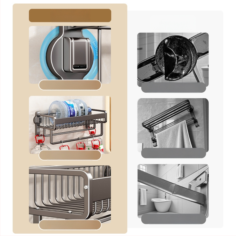 Držiak na uteráky bez vŕtania do kúpeľne, s prísavkou, hliníková zliatina, sieťový kôš