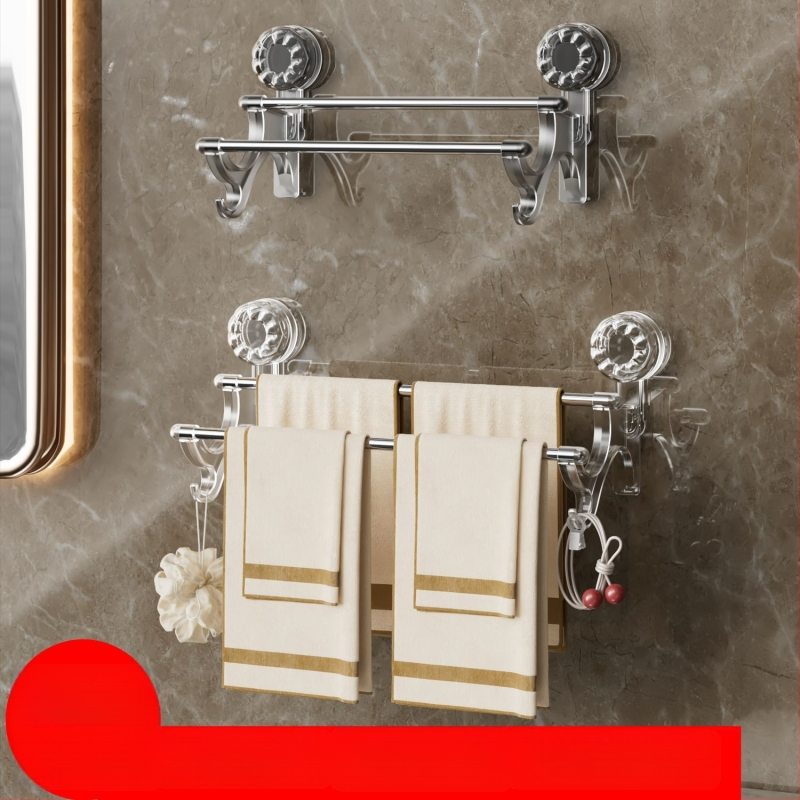 2-úrovňový držiak na uteráky so sacími pohármi – bez vŕtania, na stenu, s háčikmi, materiál: plast + nerezová oceľ, Nosnosť 25