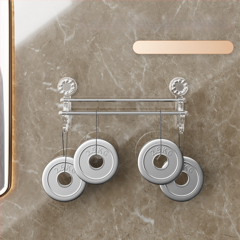 2-úrovňový držiak na uteráky so sacími pohármi – bez vŕtania, na stenu, s háčikmi, materiál: plast + nerezová oceľ, Nosnosť 25