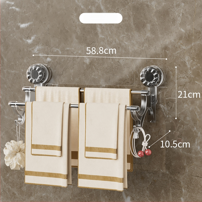 2-úrovňový držiak na uteráky so sacími pohármi – bez vŕtania, na stenu, s háčikmi, materiál: plast + nerezová oceľ, Nosnosť 25