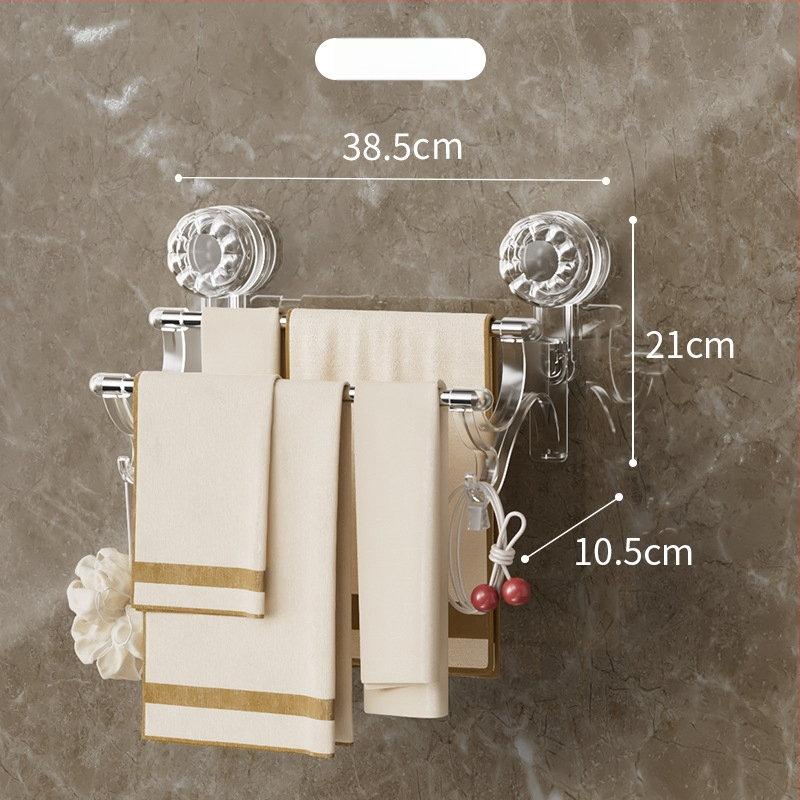 2-úrovňový držiak na uteráky so sacími pohármi – bez vŕtania, na stenu, s háčikmi, materiál: plast + nerezová oceľ, Nosnosť 25