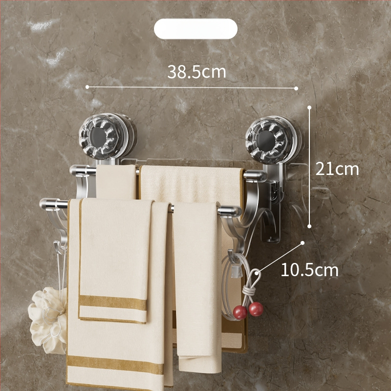 2-úrovňový držiak na uteráky so sacími pohármi – bez vŕtania, na stenu, s háčikmi, materiál: plast + nerezová oceľ, Nosnosť 25