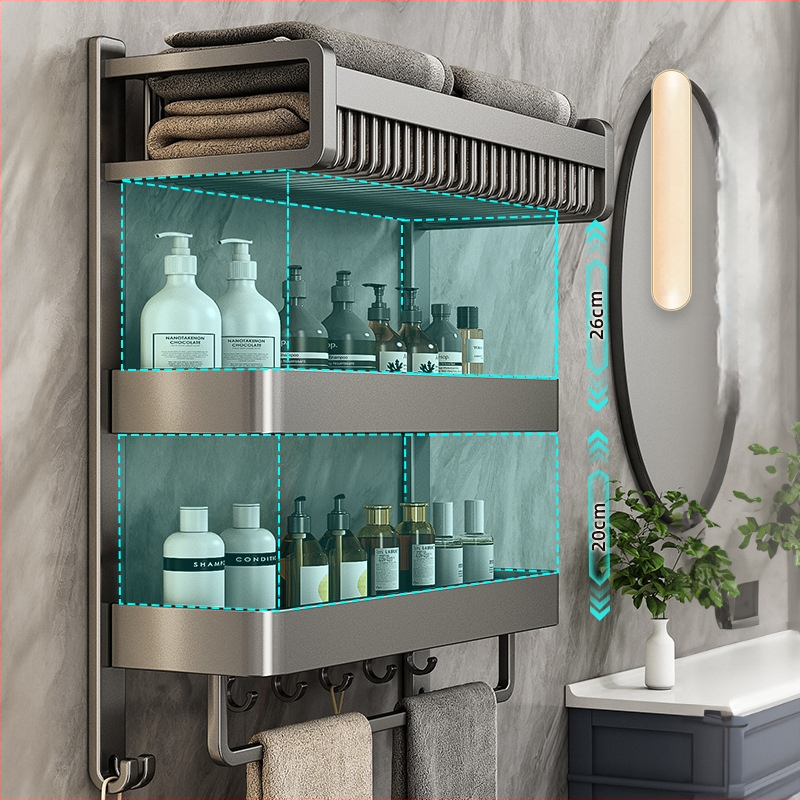 Chef jun Trojposchodový nástenný vešiak na uteráky z hliníkovej zliatiny s integrovanou poličkou do kúpeľne, moderný minimalistický štýl