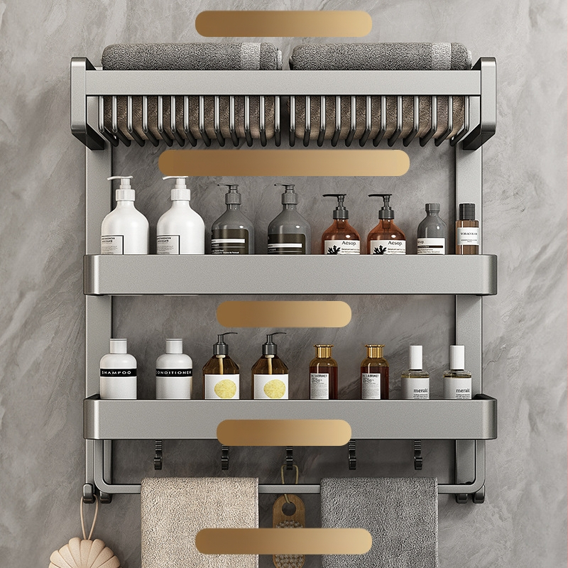 Chef jun Trojposchodový nástenný vešiak na uteráky z hliníkovej zliatiny s integrovanou poličkou do kúpeľne, moderný minimalistický štýl