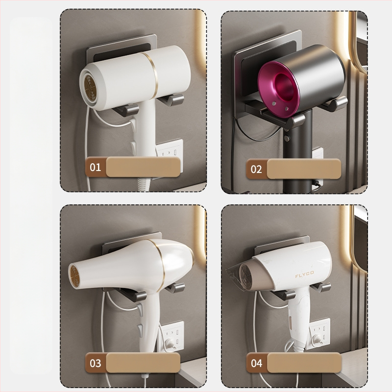 Nástenný držiak na sušič vlasov – bez vŕtania, plast/alumínium, nosnosť 5–10 kg, model 135, moderný jednoduchý štýl