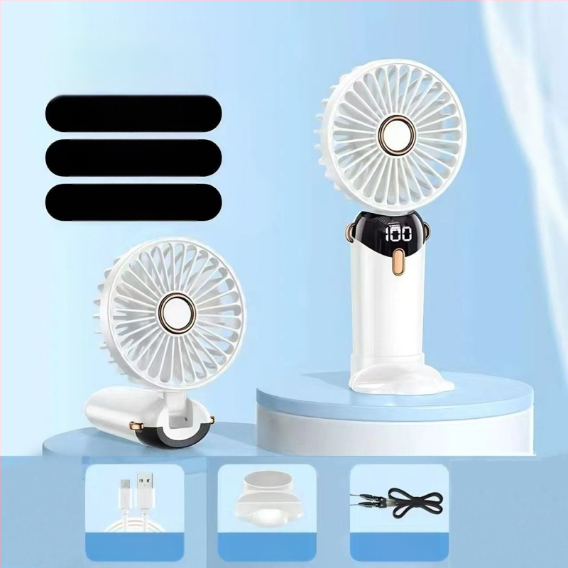 USB ručný mini ventilátor s digitálnym displejom, 5 stupňov rýchlosti, zabudovaná batéria 100–300 mAh, oscilácia hore-dole