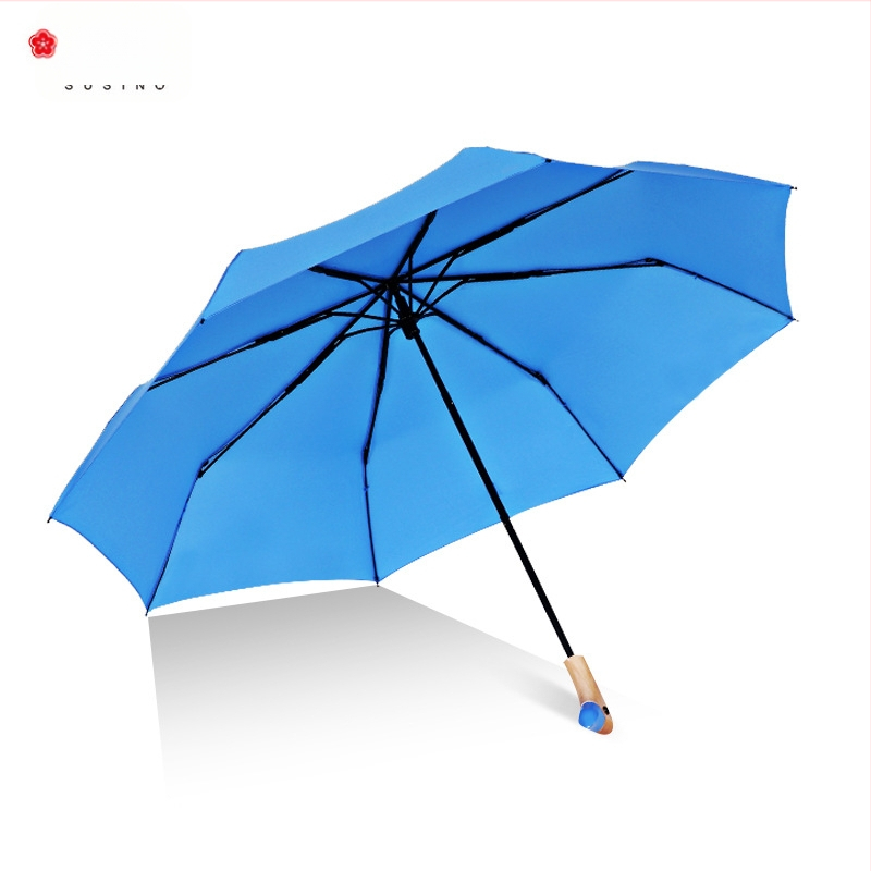 Trojdielny skladací dáždnik s motívom slivového kvetu, oceľové ramená, 8 lúčov, rukoväť z masívneho dreva, ručné otvorenie