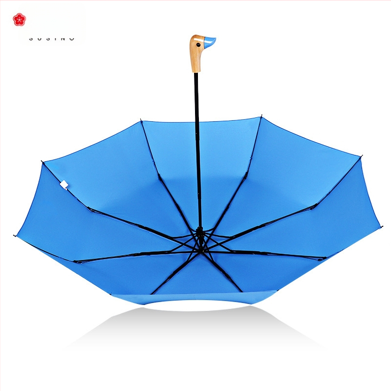 Trojdielny skladací dáždnik s motívom slivového kvetu, oceľové ramená, 8 lúčov, rukoväť z masívneho dreva, ručné otvorenie